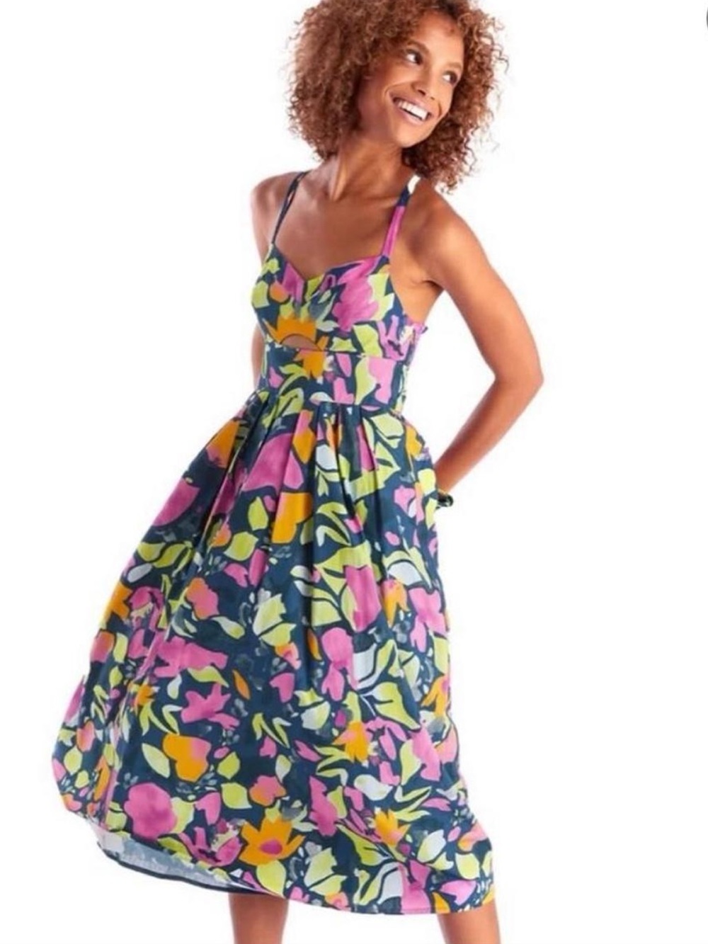 Navy Floral Midi Dress with Pink & Yellow Bloom